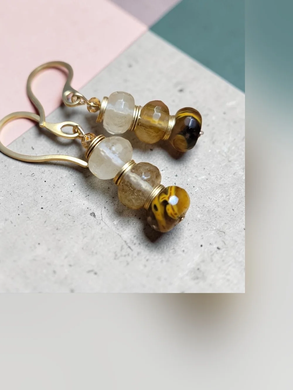 Handmade Volcano Cherry Quartz Dangle Earrings Gold Tone Neutral Beaded Drop